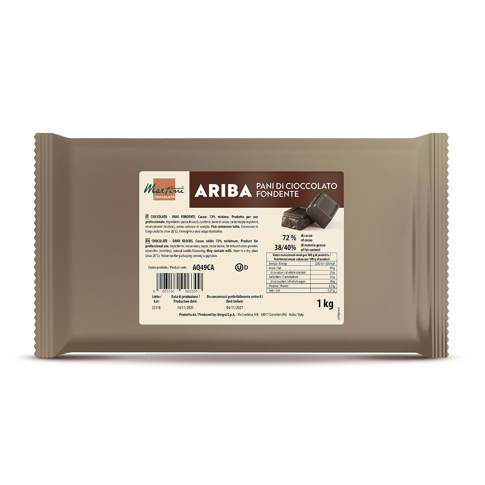 COPERTURA FONDENTE 72% BLOCCO 1kg 'MARTINI'